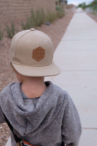 Khaki toddler and kids snapback baseball cap with faux leather logo patch, great cap for babies and toddlers!