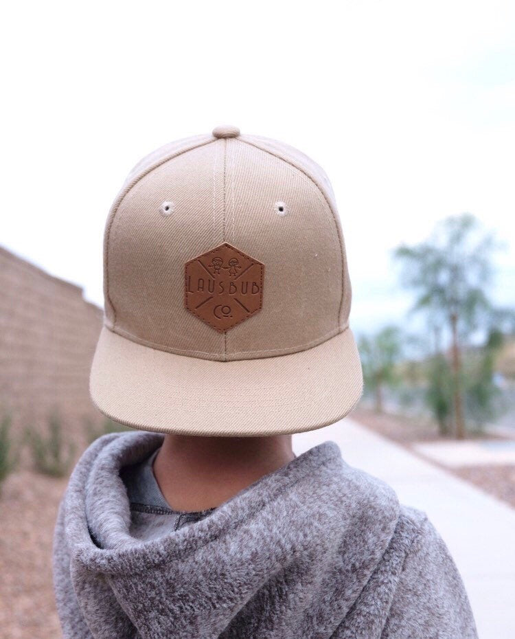 Khaki toddler and kids snapback baseball cap with faux leather logo patch, great cap for babies and toddlers!