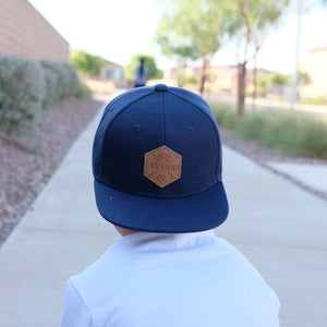 Navy blue toddler and kids snapback baseball cap with faux leather logo patch, great cap for babies and toddlers!
