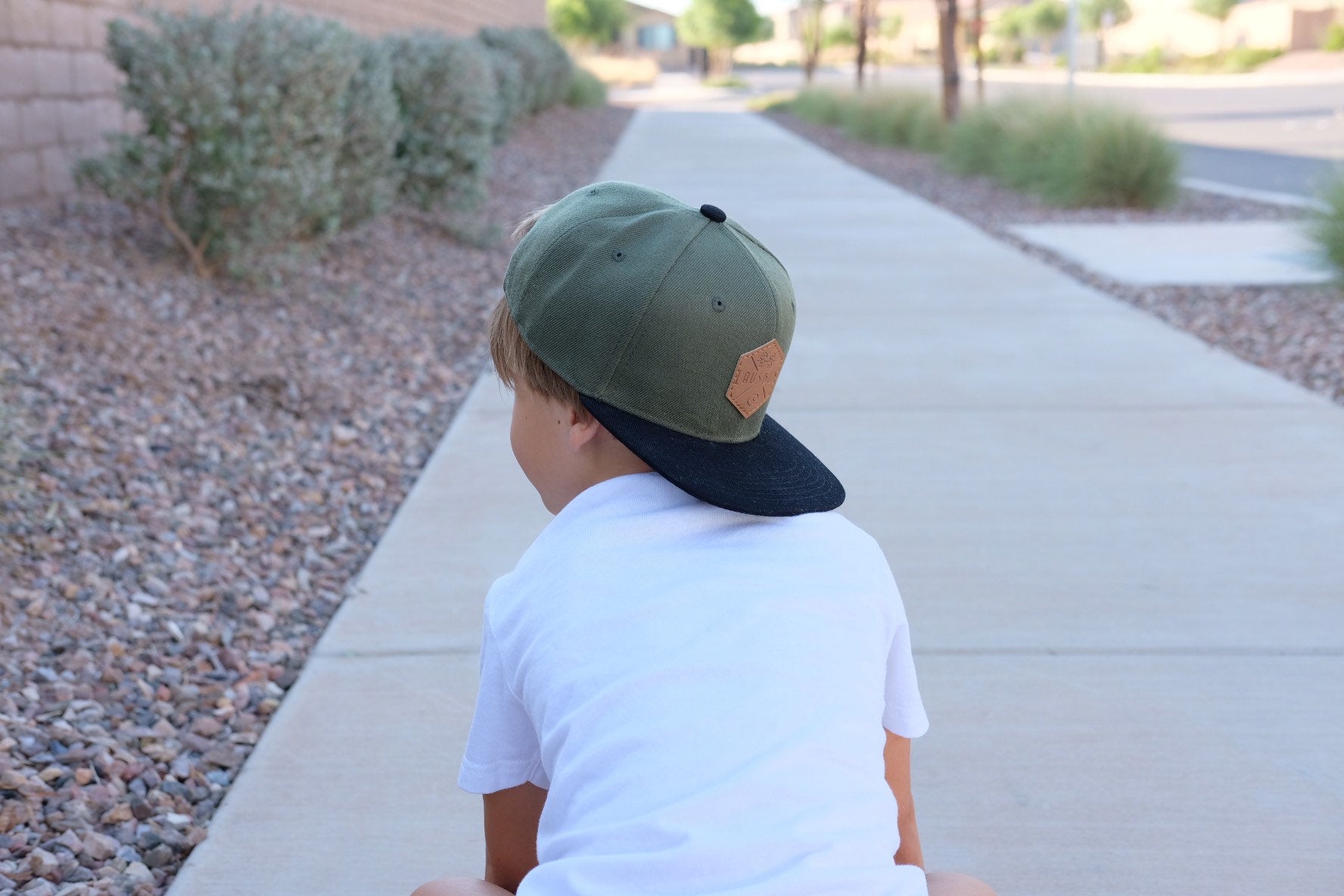 Olive and black toddler and kids snapback baseball cap with faux leather logo patch, great cap for babies and toddlers!