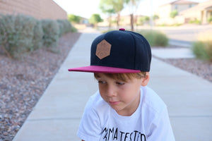 Burgundy and black toddler and kids snapback baseball cap with faux leather logo patch, great cap for babies and toddlers!