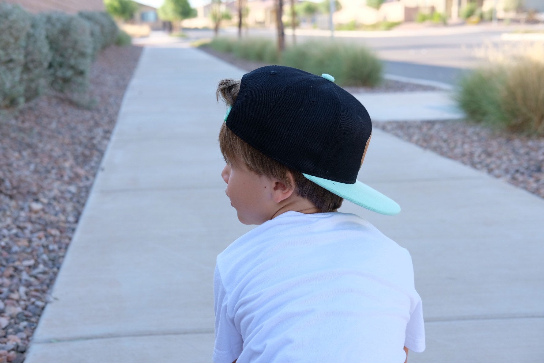 Mint and black toddler and kids snapback baseball cap with faux leather logo patch, great cap for babies and toddlers!