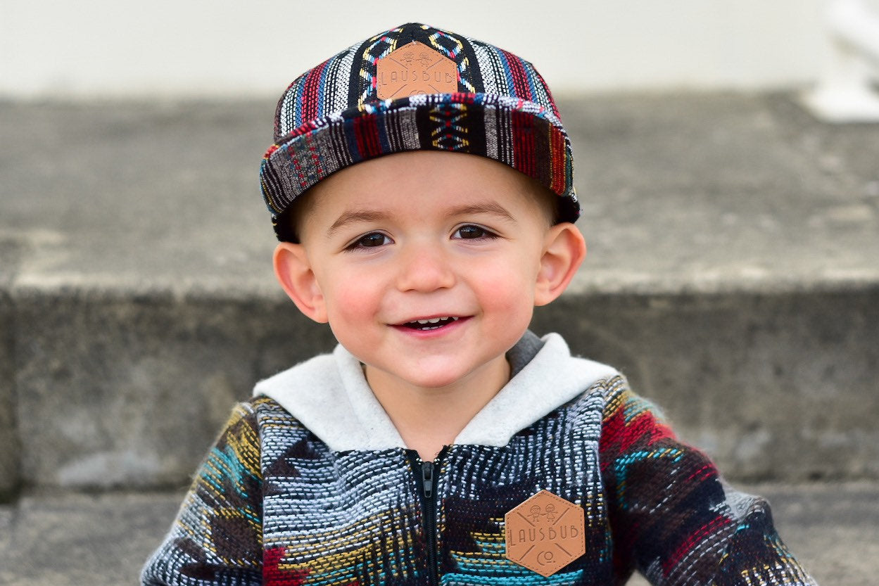 Aztec pattern toddler and kids size snapback baseball cap with flat brim and faux leather logo patch