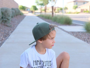 Olive green toddler and kids snapback baseball cap with faux leather logo patch, great cap for babies and toddlers!