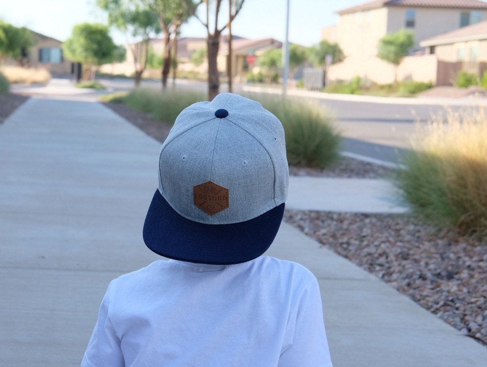 Gray and navy toddler and kids snapback baseball cap with faux leather logo patch, great cap for babies and toddlers!