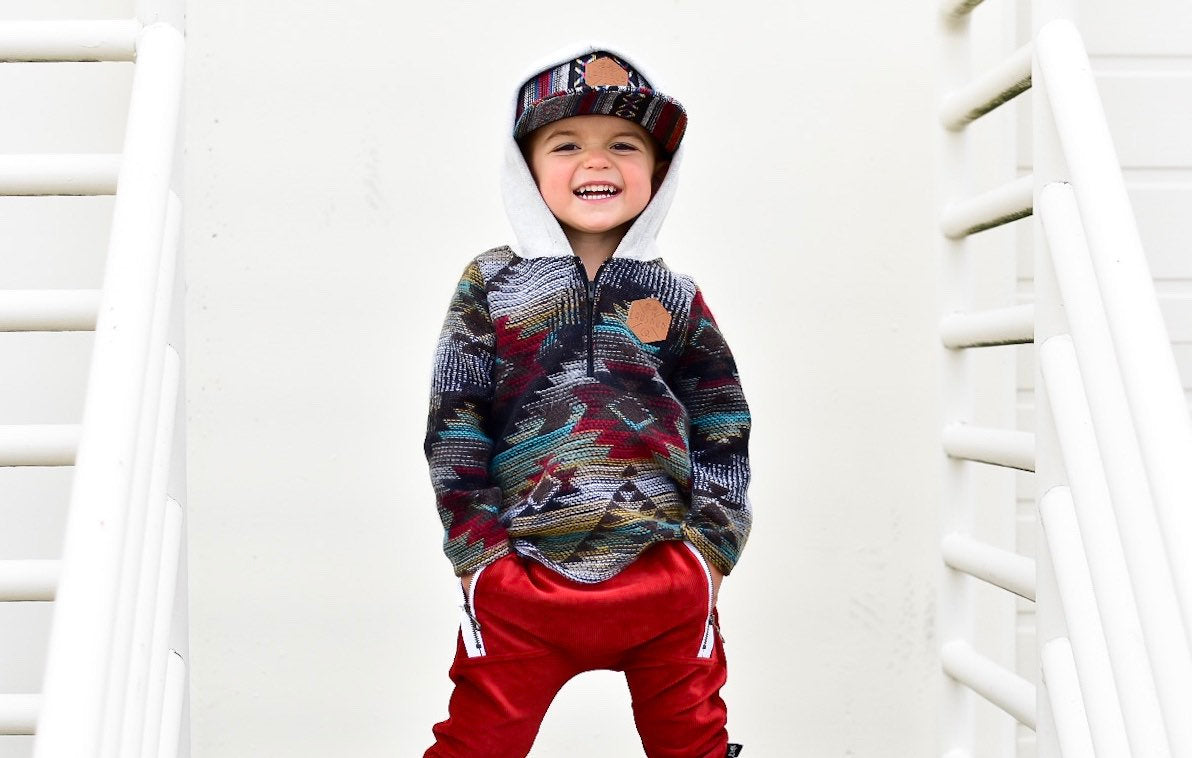 Aztec pattern toddler and kids size snapback baseball cap with flat brim and faux leather logo patch