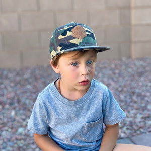 Green camo toddler and kids size snapback baseball cap with flat brim and faux leather logo patch