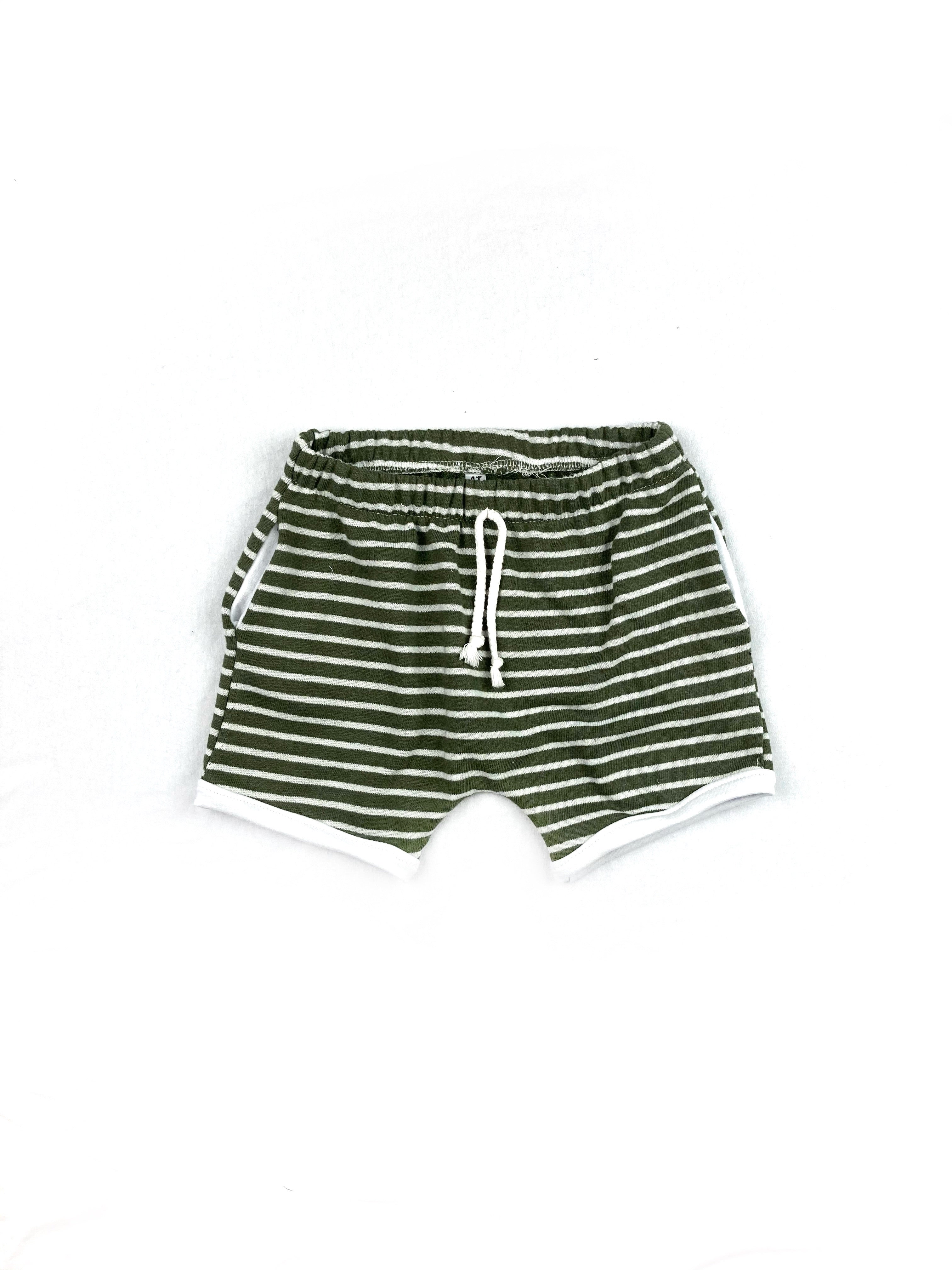 Dark Green Stripe Retro Pocket Shorts